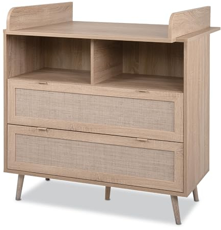 KHG Wickel-Kommode hell-braun mit 2 Schubladen modern Eiche-Optik, Kommode aus Holzwerkstoff Rattan-Optik, Aufsatz abnehmbar, Gestell aus Massivholz - 100 x 105 x 78 cm (B/H/T)