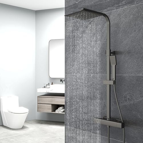 Aica Sanitarios Columna de Ducha Termostática Negro Mate con Barra Ajustable y Rociador Superior Acero Inoxidable Diseño Sencillo para Baño