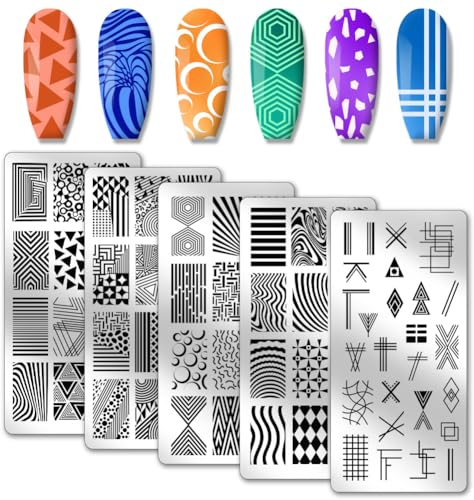 PH PandaHall 5PCS Nagel Schablone Stempel, Nail Art Stamping Platte Abstrakte Geometrische Textur Nail Stamper Linienmuster-Nagelschablonen Edelstahl-Nagelbildplatten Für Nail Art Design