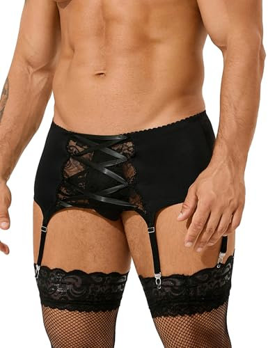ohmydear String Homme Sexy Porte-Jarretelles Grande Taille Lingerie Dentelle Sous-vêtements Sexy Tenue Sissy Lingerie Hot Travesti Guêpière avec 6 Pinces Bretelles Homme