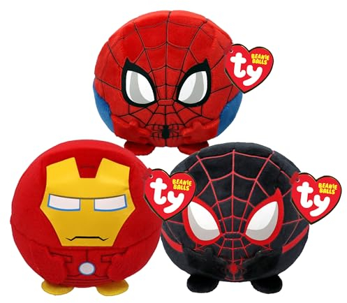 TY Beanie Balls Kids Plush Multipacks - Iron Man, Miles Morales and Spiderman Teddy Plush Kids Toys Set - Soft Plushies for Babies and Kids