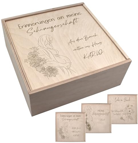 die-veredler Erinnerungenkiste Schwangerschaft, Holzbox Schwangerschaft, Personalisierte Erinnerungsbox für deine Schwangerschaft, individuell mit Wunschtext/Wunschgravur (L mit Schiebedeckel)