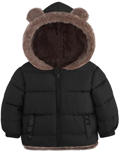 Kids4ever Baby Boys Winter Coat Jacket Warm Fleece Zipper Cute Bear Ear Hooded Jackets Nero per Neonati 6-12 Mesi