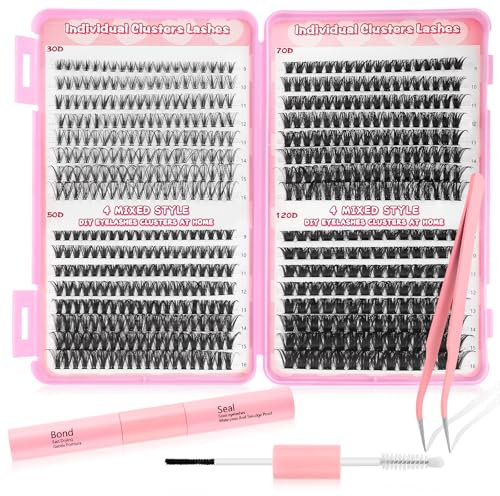 Kit Extension Cils avec Lash Bond and Seal Faux Cils Individuel 576PCS Faux Cils Naturel avec Colle et Applicateur de cils D Curl Volume Cluster Lashes 9-16mm(30D+50D+70D+120D)