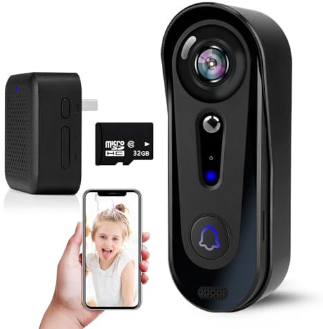 WiFi Video Doorbell Camera No Monthly Fee, Wireless Home Doorbell Camera with Two Chime, 32 GB SD Card & Free Cloud Storage, Night Vision, 2-way Audio, IP65 Waterproof, Detection Alert
