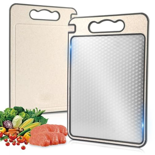 Tabla de cortar de doble cara de 36,5 x 25 cm, tabla de cortar de acero inoxidable 304, tablas de cortar de paja de trigo, para cocina, diseño de malla resistente a los arañazos, apta para
