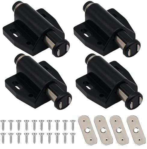 4 Pcs Push to Open Door Catches, Black Heavy Duty Latches Push Latch Pressure Touch Release Push Door Catches Including Fixing Screws for Cupboard Room Kitchen and Bathroom Doors