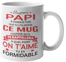 Tazza Super Papi 330 ml in ceramica – Messaggio d'amore Papi on t'aime sei formidabile – Regalo originale per il nonno – Idea Regalo Festa del nonno, Compleanno, Natale – Tazza per nonno (Papi)