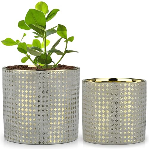 Oairse Set of 2 Ceramic Plant Pots with Drainage Hole 16CM 13CM Decorative Indoor Flower Planters with Gold Diamond Pattern, Modern Glazed Pot for Succulents, Herbs, Snake Plant, Home Office Decor