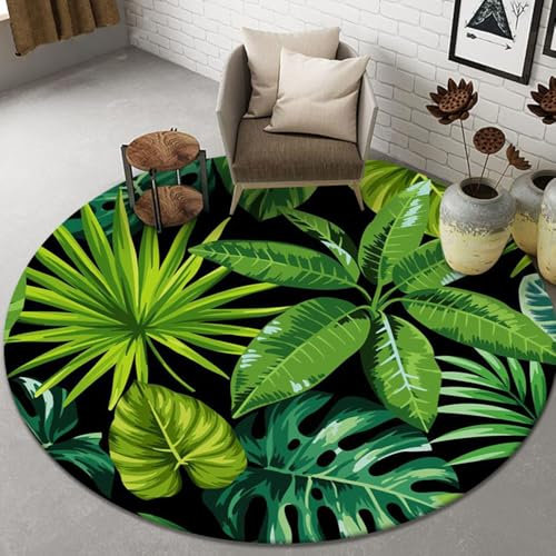 Hearda Teppich Rund, Reppich Schlafzimmer, Innenbereich Runder Teppich, Waschbarer rutschfest Teppich, Tropischer Pflanzendruck Flur Teppich, fürs Wohnzimmer (120cm,Grüne Blätter)