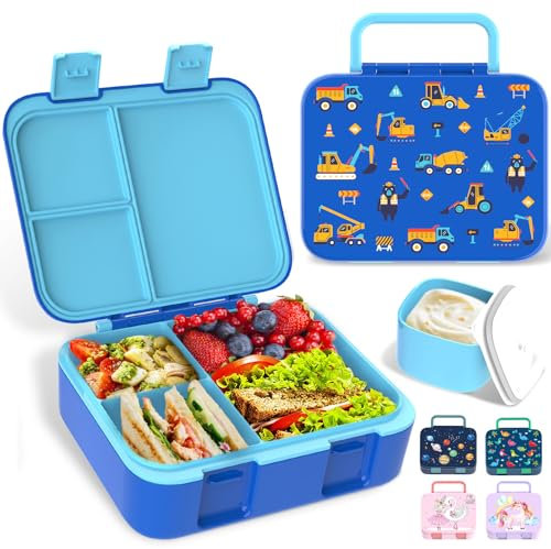 Anyiner Lonchera bento a prueba de fugas con múltiples compartimentos y tarro de salsa, caja de aperitivos portátil de sirena para niños y adultos, escuela de trabajo, camión azul