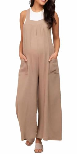 FEOYA Women's Loose Sleeveless Overalls Pregnancy Jumpsuit Rompers Baggy Long Pants Casual Pockets Maternity Dungarees Khaki L