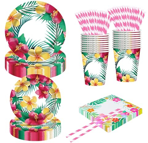 Moerstar Hawaiian Party Supplies, Hawaiian Tropical Flowers Tableware Set With Aloha Paper Plates Napkins Cups Tablecloth For Hawaii Luau Beach Summer Party Decorations (Style 2)