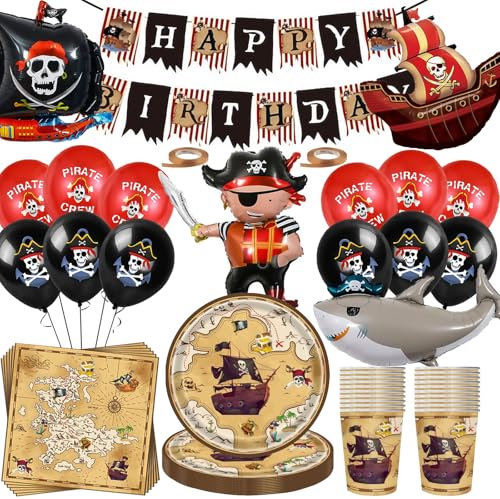 Piraten Geburtstag Deko Set,80 Stück pirat Partygeschirr mit Große Piratenschiff Folienballon Partyzubehörset,Pirate Pappteller Tassen Servietten banner Luftballon Piratenschiff Skelett Deko 20 Gäste