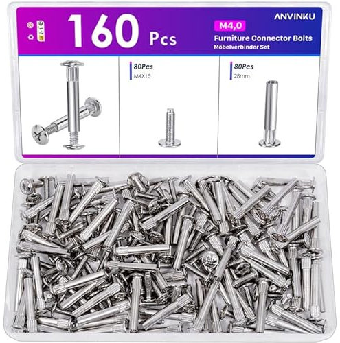 160PCS M4 Cupboard Joining Bolts, ANVINKU 31-40mm Cabinet Connectors (80PCS Binding Screws & 80PCS Connecting Sleeves), Nickel-Plated Steel Furniture Connector Bolts, Cabinet Screws for Furniture