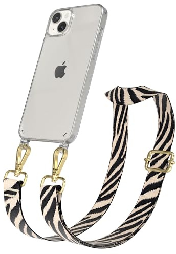EAZY CASE Handykette - Verstellbares Taschenband kompatibel mit iPhone 14 Plus, Schulterriemen, Handykordel mit Silikon Hülle, Umhängetasche, Zebra - Schwarz Beige Gold