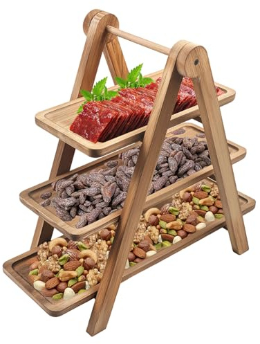 YedZen Wooden 3 Tier Cake Stand, Foldable Tiered Cupcake Stand with Removable Trays, 3 Tier Serving Tray, Wood Display Stand for Serving Food, Dessert Display Tray for Birthday Party Wedding Picnic