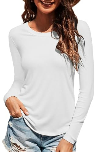 Wayleb Camiseta Básica Mujer Manga Larga Cuello Redondo | Cuello Redondo Clásico, Manga Larga, Tejido Elástico y Suave, Color Liso, Para Diario, Reuniones, Paseos y Estilo Casual
