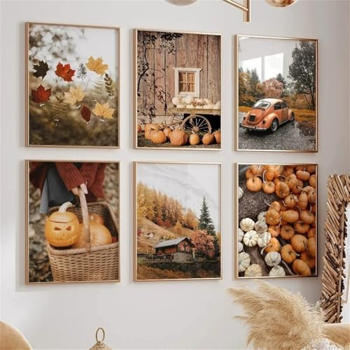 Generisch 6er Herbst Bilder Set Natur Poster Set,Herbstlandschaft, Wandkunst, Aquarell, Kürbis, Wanddekoration für Wohnzimmer, Vintage, Herbstwald,Oldtimer,Braun, Orange,ohne Rahmen (30×40cm)