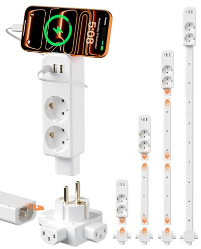 Extensor de Enchufe con Barra, regleta direccional de 4 Tomas con USB-C, 2 USB-A y 2 AC, Extensible 20–91 cm, Montaje con Tornillos para hogar y Oficina