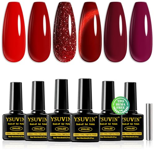 Yueshop Gel Nail Polish, 6 Colors Red Collection Gel Polish Nail Art | HEMA FREE TPO FREE, Bright Red Burgundy Glitter Red Cat Eye Magnetic Nail Polish Soak-Off UV LED, Manicure Home DIY, 8ml