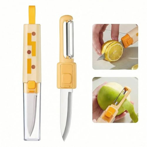 ZMMCHCG 2-in-1 Paring Knife & Potato Peeler - Small Vegetable Fruit Knife for Kitchen or Outdoor, Portable Veg Sharp Pairing Knife for Peeling Potatoes, Carrot, Potatoe, Stainless Steel, Yellow