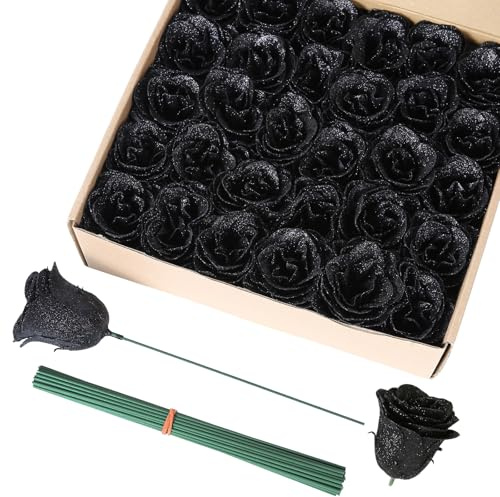 Hupiosy Black Artificial Roses 30PCS Faux Glitter Flowers Fake Roses with Stems for DIY Wedding Bouquet Valentines Mothers Day Anniversary Graduation Decoration(Black)