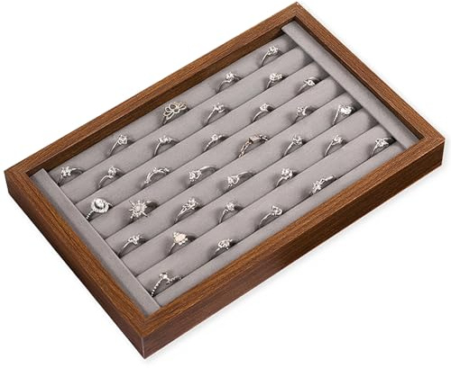MXGHIR Ring Storage Holder, Wooden Ring Display Tray Earring Storage | Large Ccapacity Jewellery Tray with Soft Padding for Home, Bedroom, or Vanity (Grey)