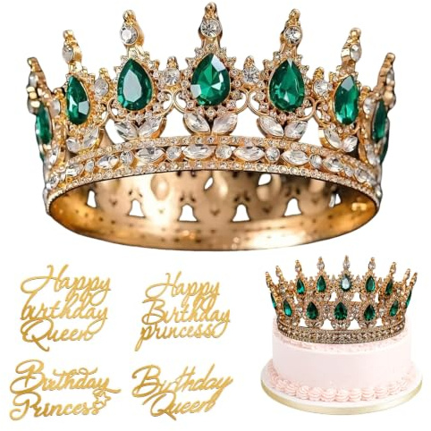 1 Piece Birthday Crown for Girl, Crown for Cake with 4 Happy Birthday Cake Decoration, Cake Toppers, for Birthday, Weddings, Engagements and Special Occasions (Golden Green)