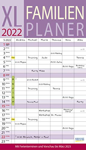 XL Familienplaner 2022: Familienkalender mit 6 breiten Spalten. Hochwertiger Familientimer mit Ferienterminen, extra Spalte, Vorschau bis März 2023 und nützlichen Zusatzinformationen.