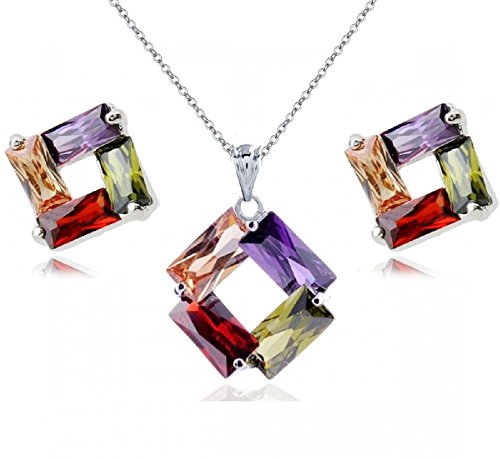 Crystalline Azuria Femme Ensemble Rhombe Collier et Clous Boucles d'Oreilles 18ct Plaqué Or Blanc avec Cristaux Multicouleurs en Zircone