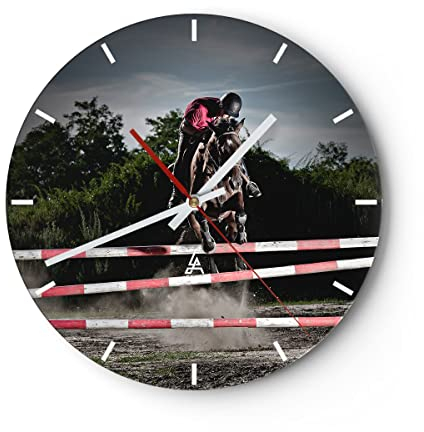 Modern Wanduhr Pferd Sport Hindernisse Himmel 40x40cm Rund Groß Wand Uhr Glas Analog Zimmeruhren Küche Büro Wohnzimmer Glasuhr Wall Clock Dekoration Design Wanddekoration Küchenuhr C3AR40x40-2262