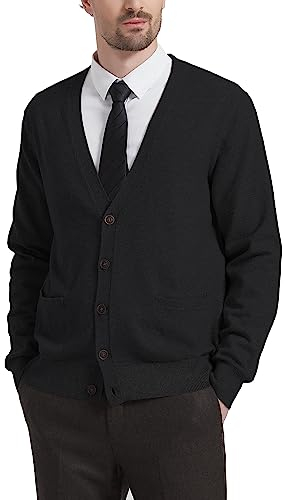Kallspin Herren Strickjacke aus Wollmischung V-Ausschnitt Cardigan mit Knöpfen und Taschen(Schwarz, L)