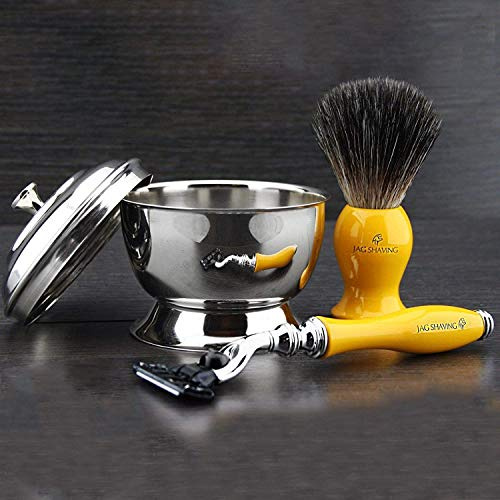 SCHWARZES SYNTHETISCHES HAAR RASIERER mit Triple Edge Rasierapparat - Mit Rasierschale aus Edelstahl - Perfektes Set für Einsteiger.