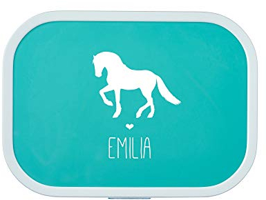 4youDesign Personalisierte türkis Brotdose -PFERD Silhouette- mit Namen – mit Box-Einsatz & Gabel, Bento-Box für Schule & Kindergarten, Geschenk, Kinder (Türkis)