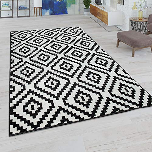Paco Home Wohnzimmer Teppich, Rauten Muster in Pastell Farben, Moderner Boho Ethno Look, Grösse:120x170 cm, Farbe:Schwarz Weiß