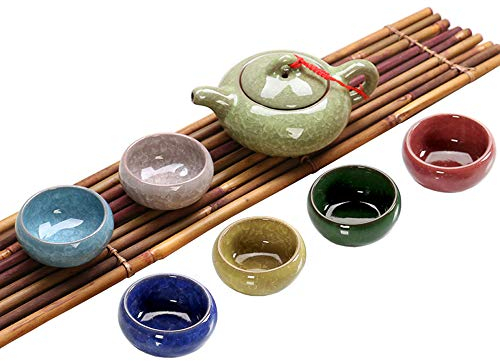 YZOTEK Crack de Glace Colorée Glaçures Service à Thé en Porcelaine - Ustensile de Service à Thé Chinois Kung Fu avec 6 Tasses à Thé Multicolores (1.7oz) et Théière (6.8oz)