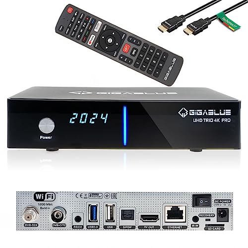 GigaBlue UHD Trio Pro 4K Box SAT-Receiver DVB-S2x DVB-C2 DVB-T2 Tuner mit 400GB Festplatte inkl. Babotech HDMI Kabel [2160p,PVR,HDMI,SD-Card Slot] - schwarz