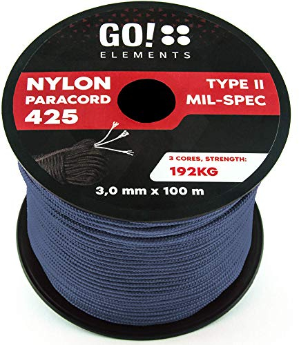 GO!elements 100m Paracord Seil aus reißfestem Nylon - 3mm Paracord 425 Typ II max. 192kg - Schnüre als Outdoor Seil, Allzweckseil, Survival Seil, Armband, Hundeleine, Nylonschnur, Farbe: Grau-Blau