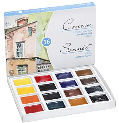 Sonnet Aquarellfarben Set | 16 Aquarell Farbkasten in halben Näpfchen | Hochwertige Aquarellkasten Hergestellt in St. Petersburg von Nevskaya Palitra