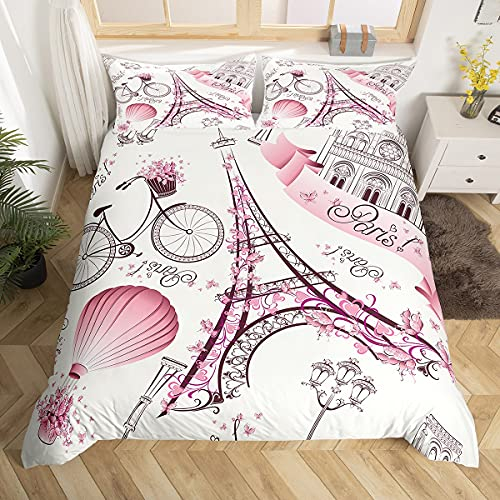 Loussiesd Eiffelturm Drucken Bettwäsche Set 135x200cm Rosa Romantisches Paris Thema Bettbezug Set für Mädchen Frauen Fahrrad Ballon Blumen Dekorativ Betten Set mit 1 Kissenbezug