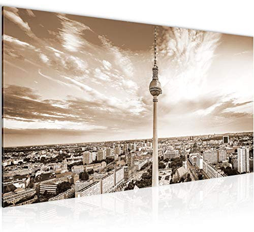 Runa Art Wandbild Berlin Fernsehturm 1 Teilig 100 x 40 cm Modern Bild auf Vlies Leinwand Städte Wohnzimmer Büro Beige Braun 015912b