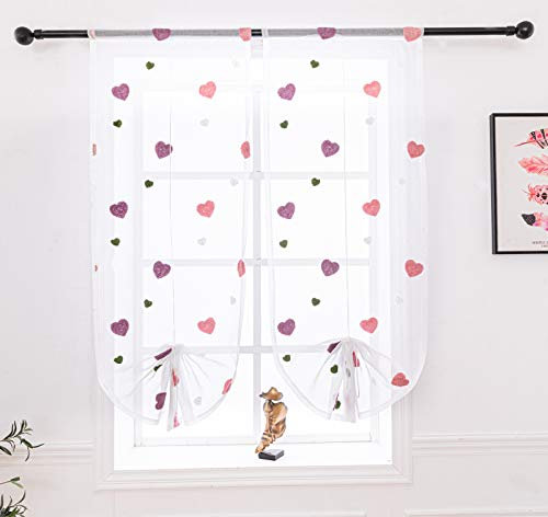 Lactraum Raffrollo Raffgardine Kinderzimmer Mädchen Rosa Bestickt Herz romatisch Voile 50 x 180 cm (B x H)