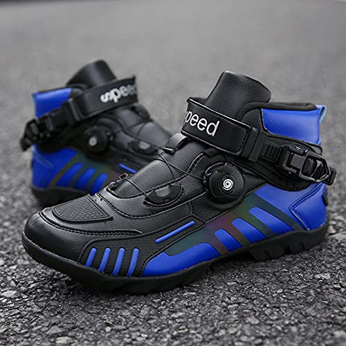 BSTL Stivali da Moto per Uomo Scarpe da Motociclista Scarpe da Motociclista Traspiranti Stivali da Moto da Donna Scarpe Impermeabili Sneaker con Fibbia Rotante,Blue-46