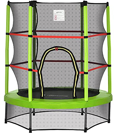 HOMCOM Tappeto Elastico per Bambini 3-6 Anni con Rete di Protezione, 6 Colonne e Ingressi, Trampolino Elastico in PE, Plastica e Metallo, Ø140x160 cm, Verde e Nero