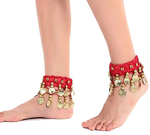 Hayaww 2 Pcs Bauchtanz Armband, ArmbäNder Mit MüNzen Belly Dance Handkette KnöChel Arm ArmbäNder Armband Handschmuck Bauchtanz KostüM Accessoires Bauchtanz Schmuck FüR Show, Party, Feier, Studium(Rot)