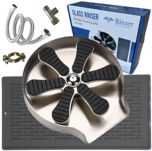 Rinzer Enjuague automático de vidrio para fregadero de cocina con alfombrilla de secado, acabado sin manchas de acero inoxidable, arandela de vidrio para fregadero de cocina, lavadora de tazas para