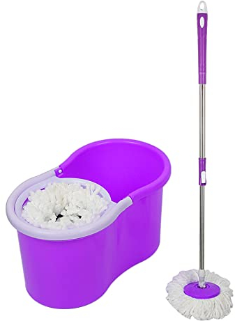 MINGYI Escoba para lavar el suelo, juego completo de escoba de microfibra con cubo, con 2 almohadillas de fregona, escoba con cordón, ajustable, longitud 80-110 cm, color morado