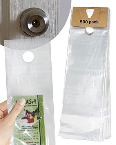 Skywin 500 Plastic Door Hanger Bags 6 x 19 inches - Clear Door Hanger Bags Protects Flyers, Brochures, Notices, Printed Materials - Waterproof and Secure Door Knob Hanger for Outdoor Use (500)