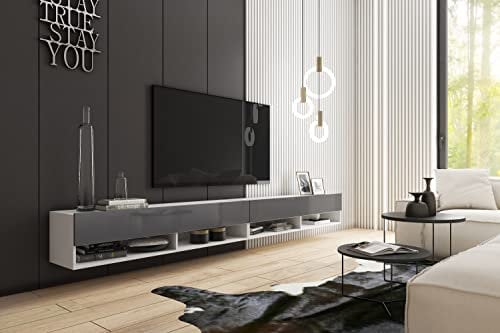 PIASKI TV-Schrank LOWBOARD A 280 cm, TV-Schrank mit optionaler Beleuchtung, TV-Schrank Hängend, Wohnzimmermöbel (Weiß/Grau)
